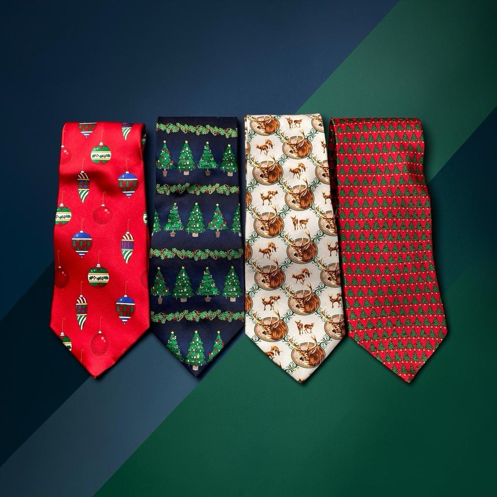 Lot of 4 Men's Christmas Neckties Holiday Ornaments Festive